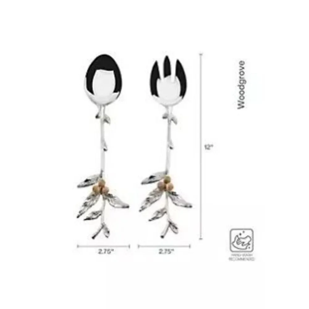 Fitz & Floyd Woodgrove Silver Tone Salad Serving Set Fork & Spoon Twigs
